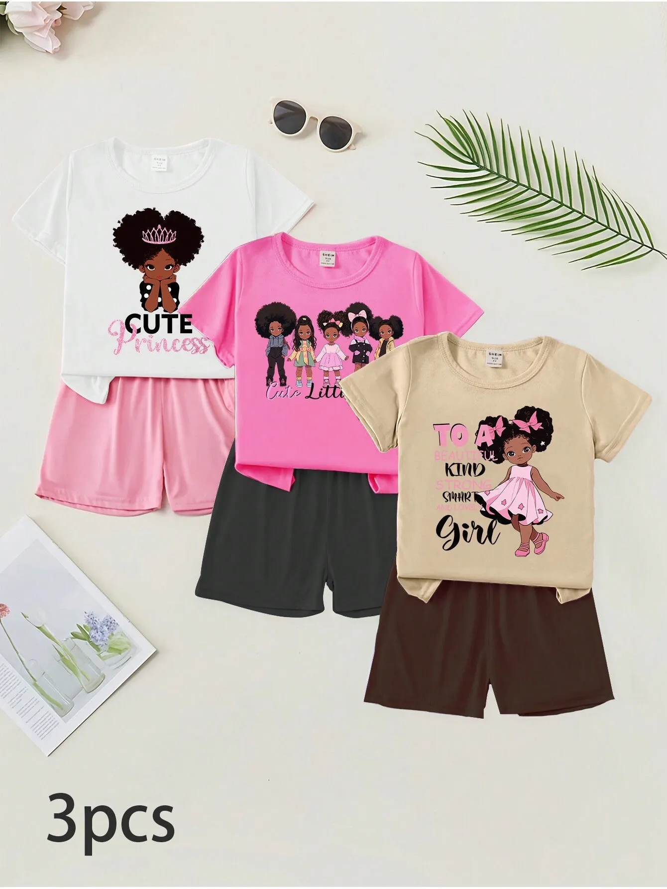 3pcs/Set Girls' Fashionable & Cute Cartoon Printed Short Sleeve T-Shirt   Leggings Outfits