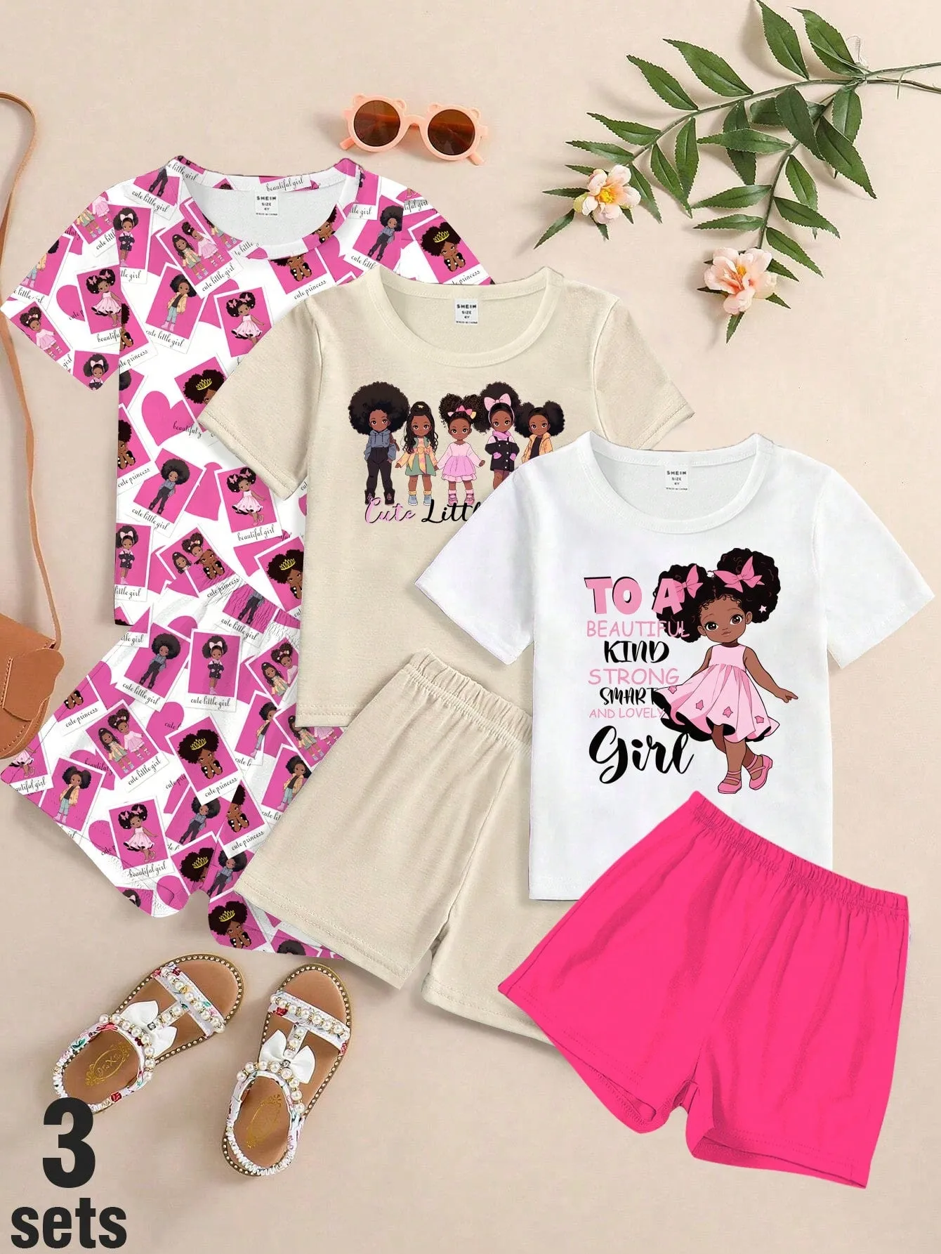 3pcs/Set Girls' Fashionable & Cute Cartoon Printed Short Sleeve T-Shirt   Leggings Outfits