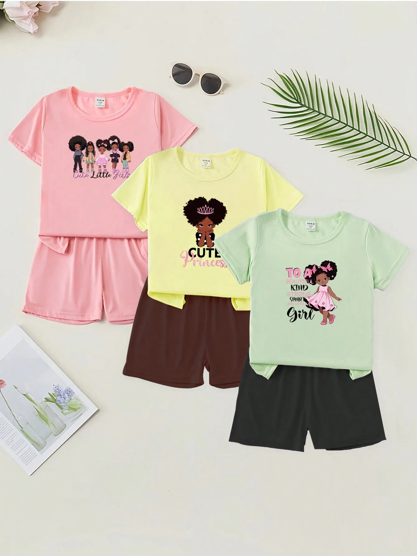 3pcs/Set Girls' Fashionable & Cute Cartoon Printed Short Sleeve T-Shirt   Leggings Outfits