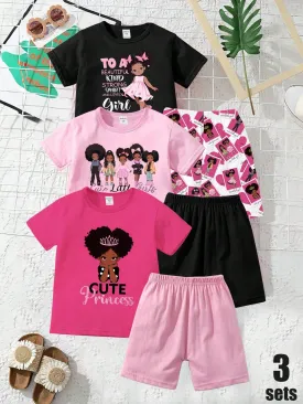 3pcs/Set Girls' Fashionable & Cute Cartoon Printed Short Sleeve T-Shirt   Leggings Outfits