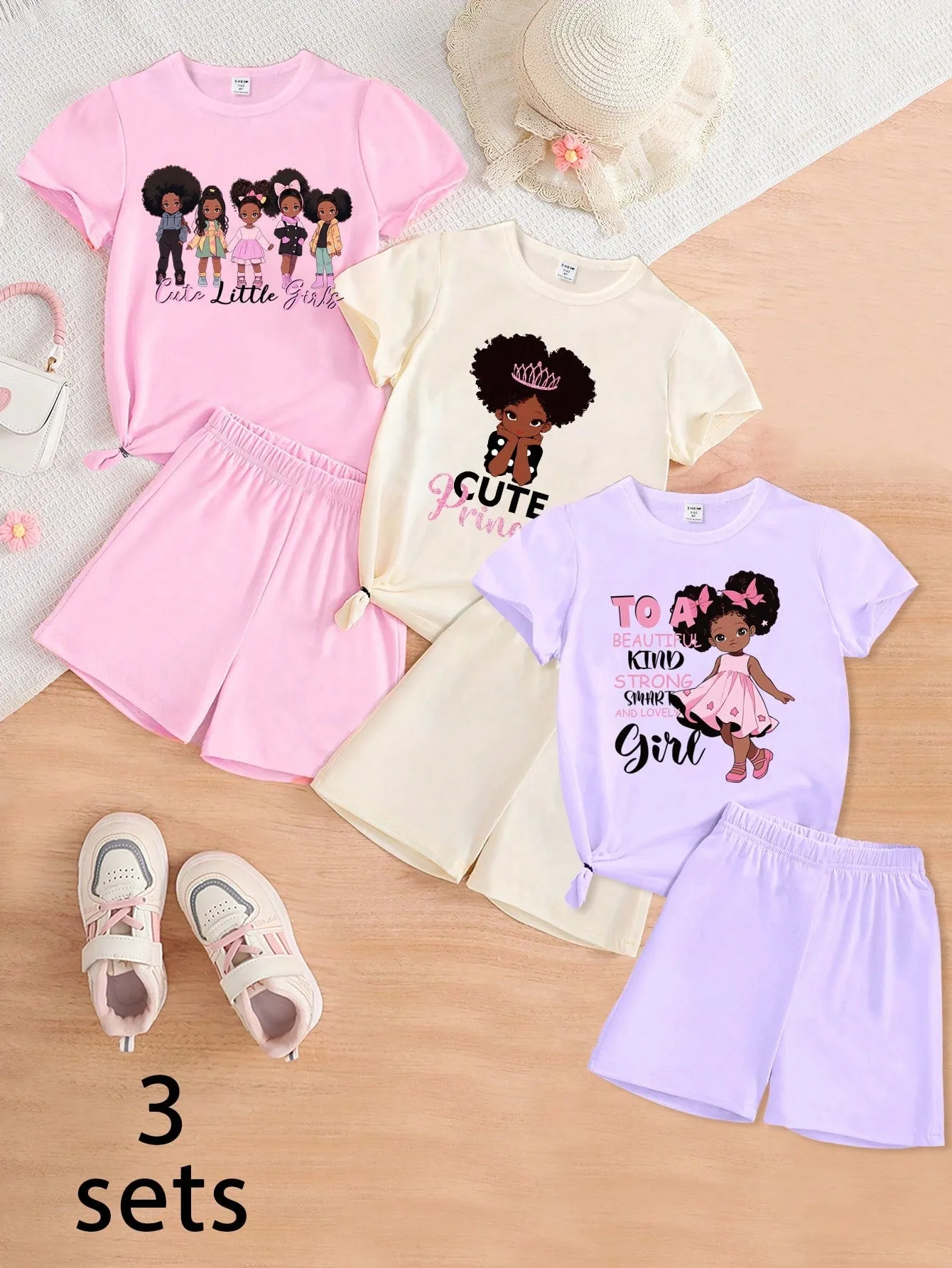 3pcs/Set Girls' Fashionable & Cute Cartoon Printed Short Sleeve T-Shirt   Leggings Outfits