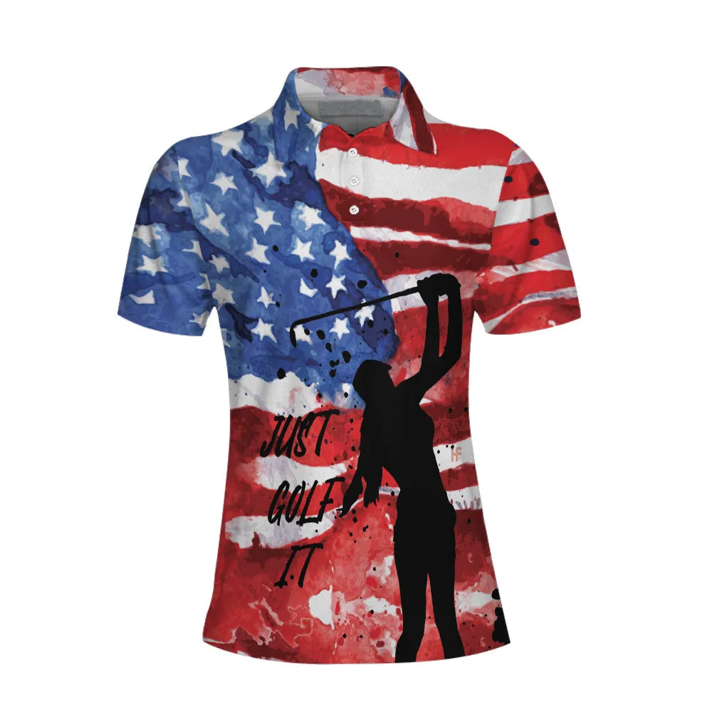 American Golfer Just Golf It V2 Short Sleeve Women Polo Shirt, American Flag Golf Shirt For Ladies Coolspod