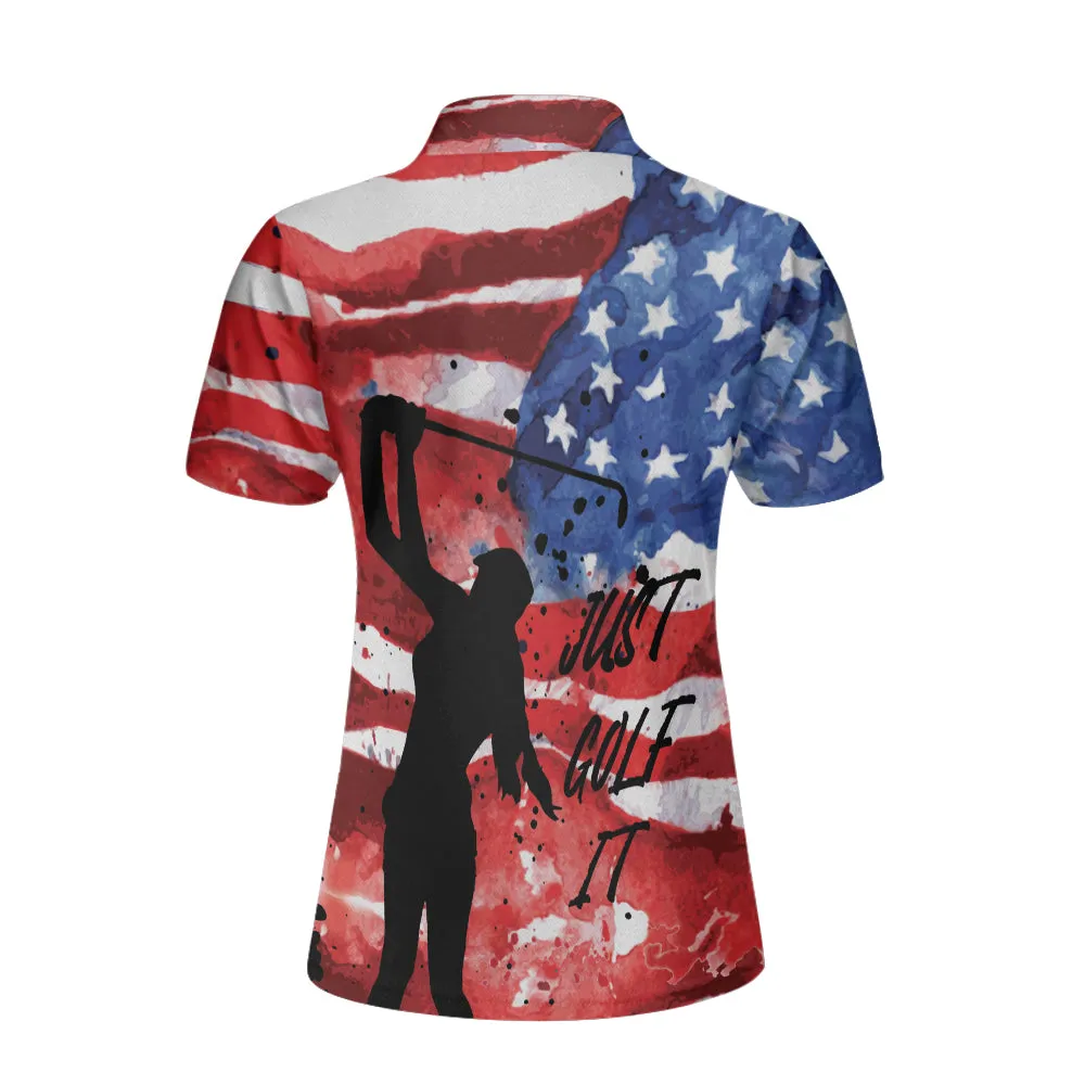 American Golfer Just Golf It V2 Short Sleeve Women Polo Shirt, American Flag Golf Shirt For Ladies Coolspod