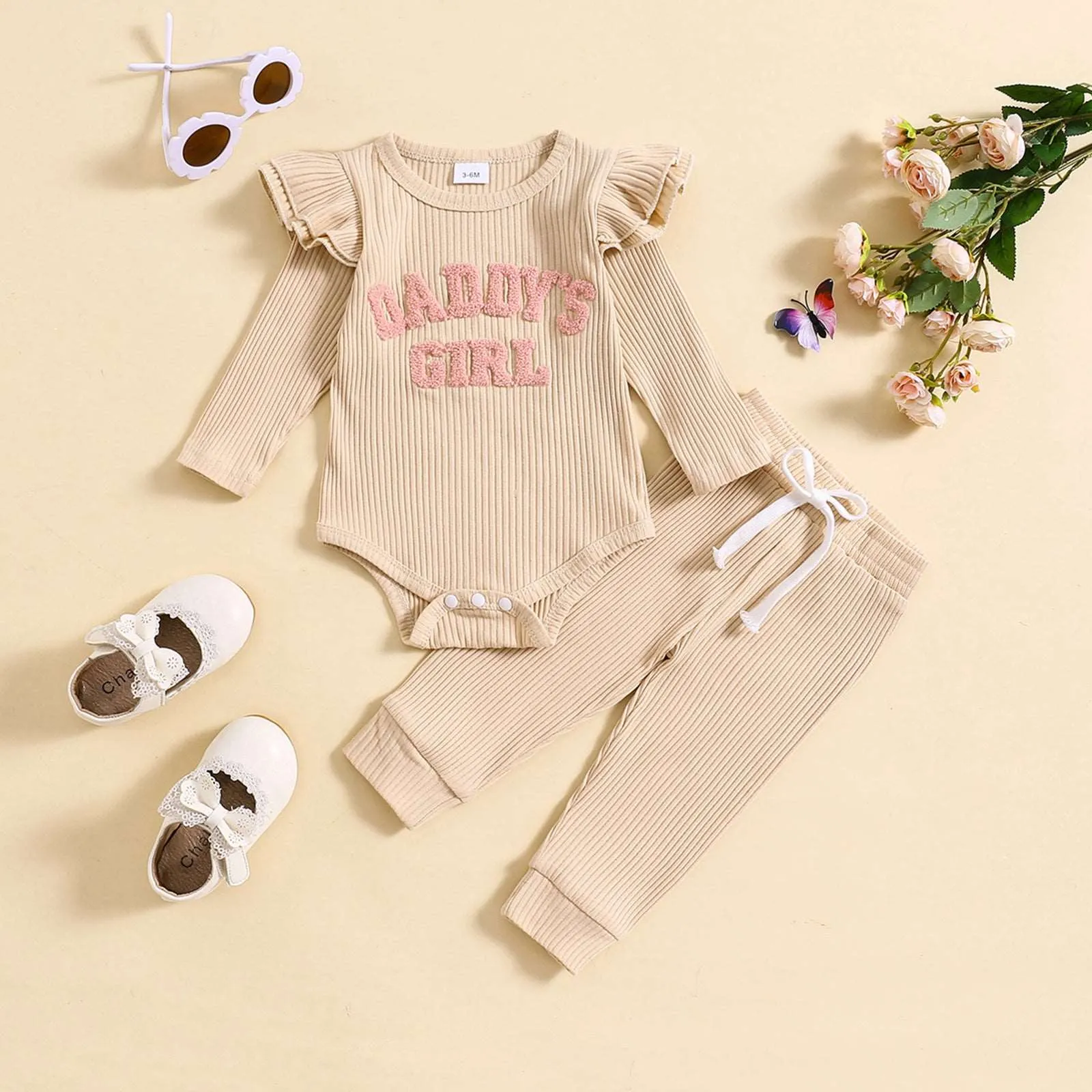 Baby Girl Cute Candy Color Striped and Letter Embroidered Outfit Set