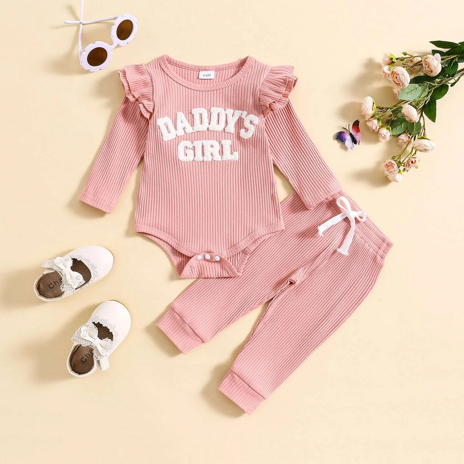 Baby Girl Cute Candy Color Striped and Letter Embroidered Outfit Set