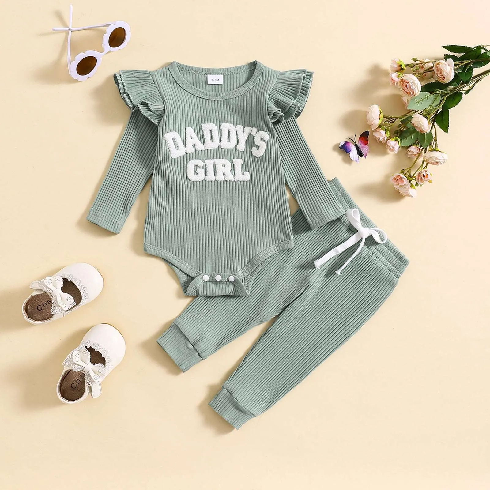 Baby Girl Cute Candy Color Striped and Letter Embroidered Outfit Set