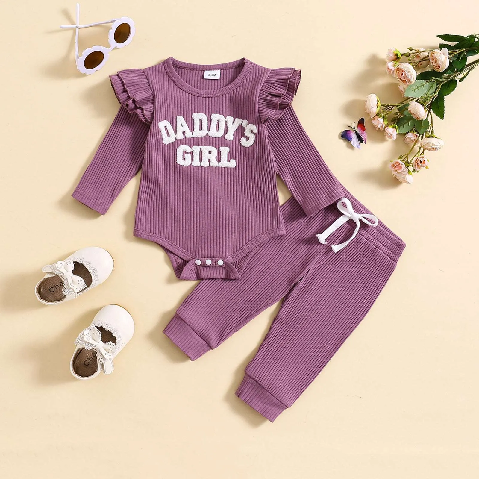 Baby Girl Cute Candy Color Striped and Letter Embroidered Outfit Set