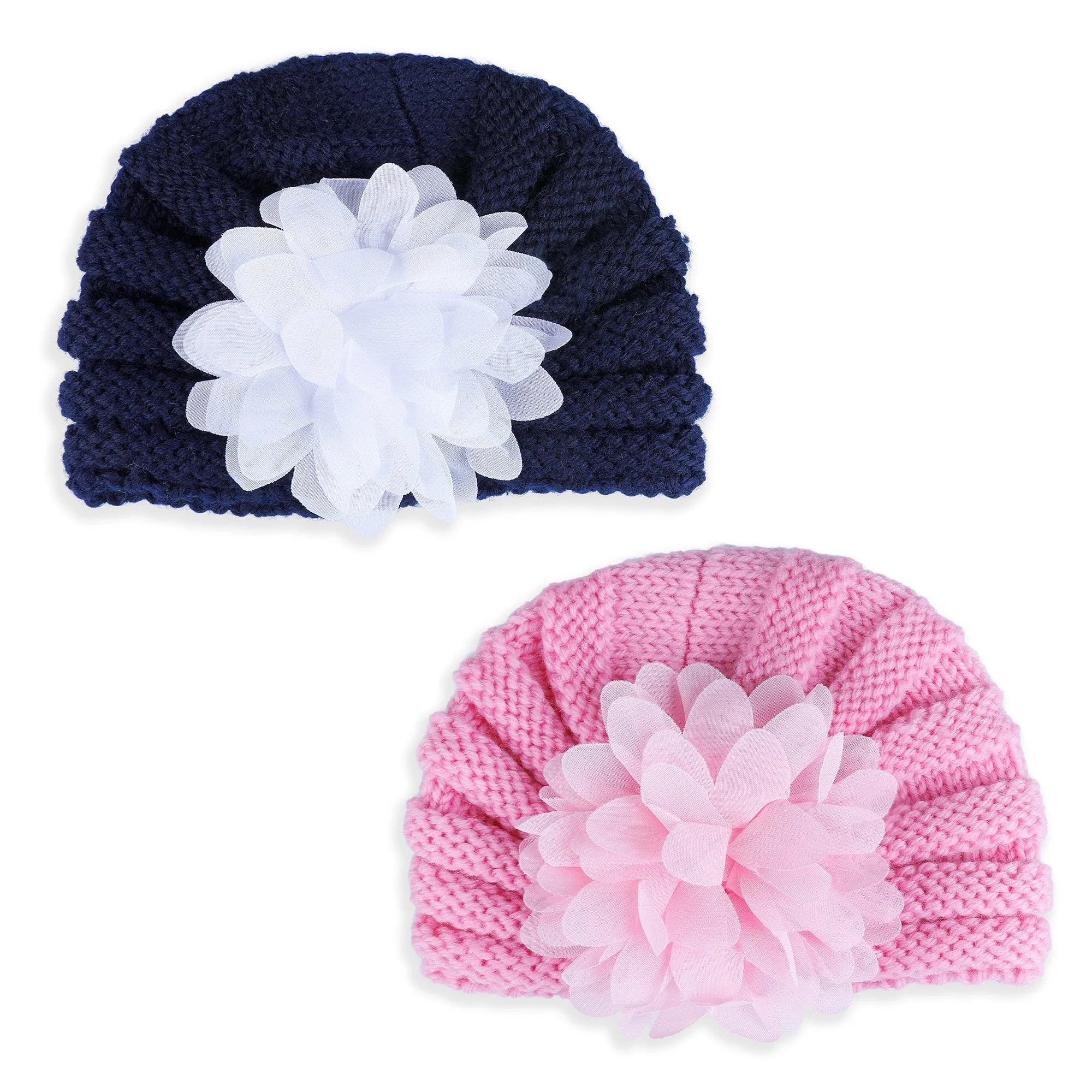 Baby Moo Floral Petals 2 Pack Turban Caps - Pink And Navy Blue