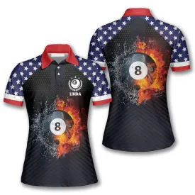 Billiards Fire Flame American Flag Custom Billiard Shirts for Women, US Flag Pattern Polo Shirt