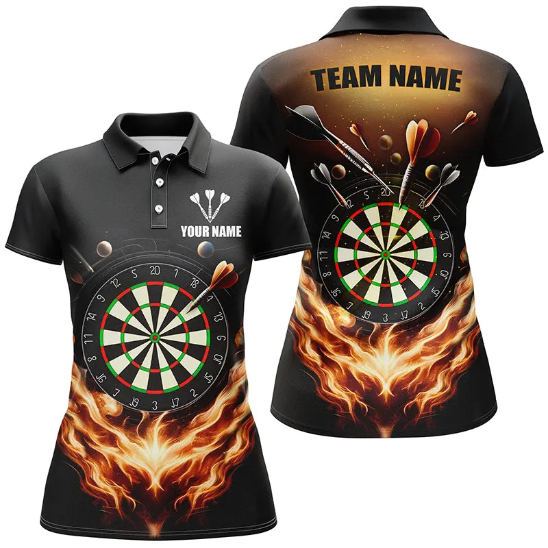 Black Orange Fire Flame Womens Darts Polo Shirt Custom Darts Shirt For Women