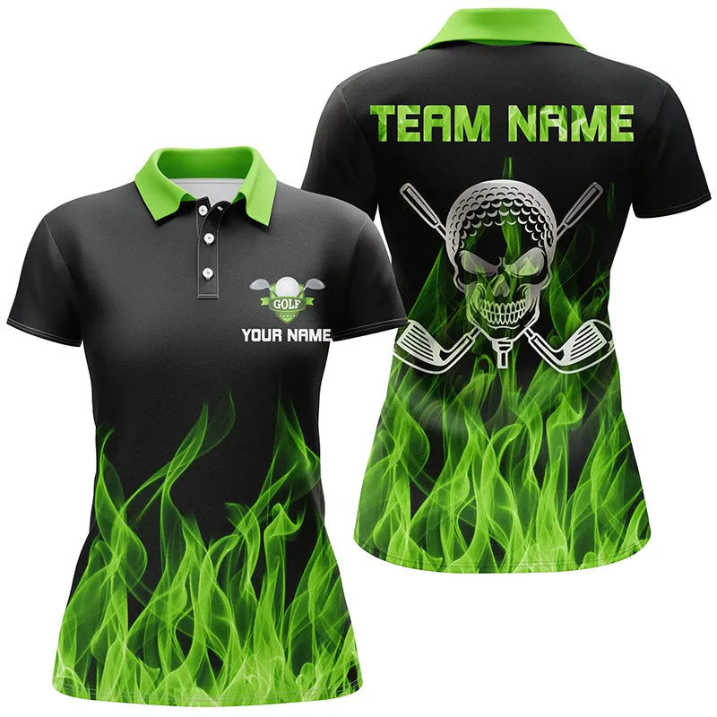 Black Womens Golf Polo Shirt Custom Multicolor Flame Skull Golf Clubs, Personalized Golf Gifts For Women