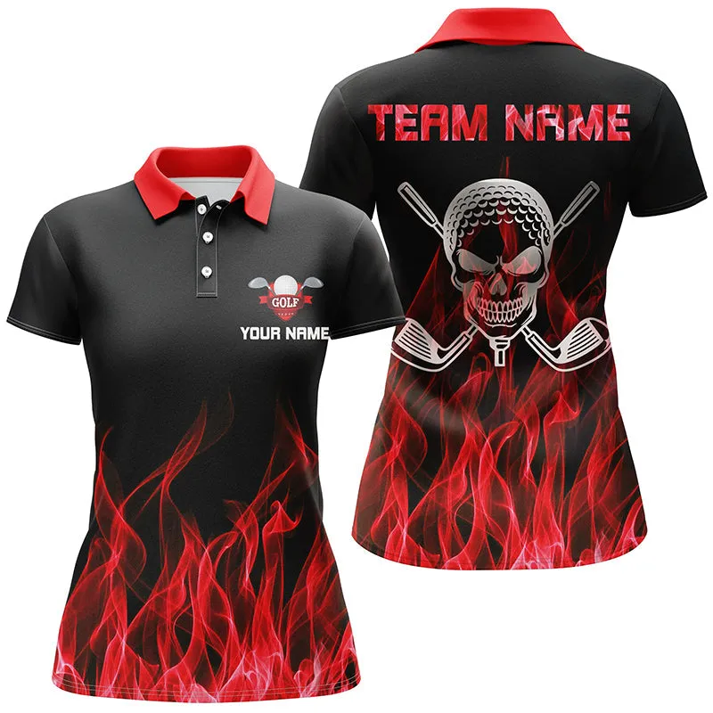 Black Womens Golf Polo Shirt Custom Multicolor Flame Skull Golf Clubs, Personalized Golf Gifts For Women