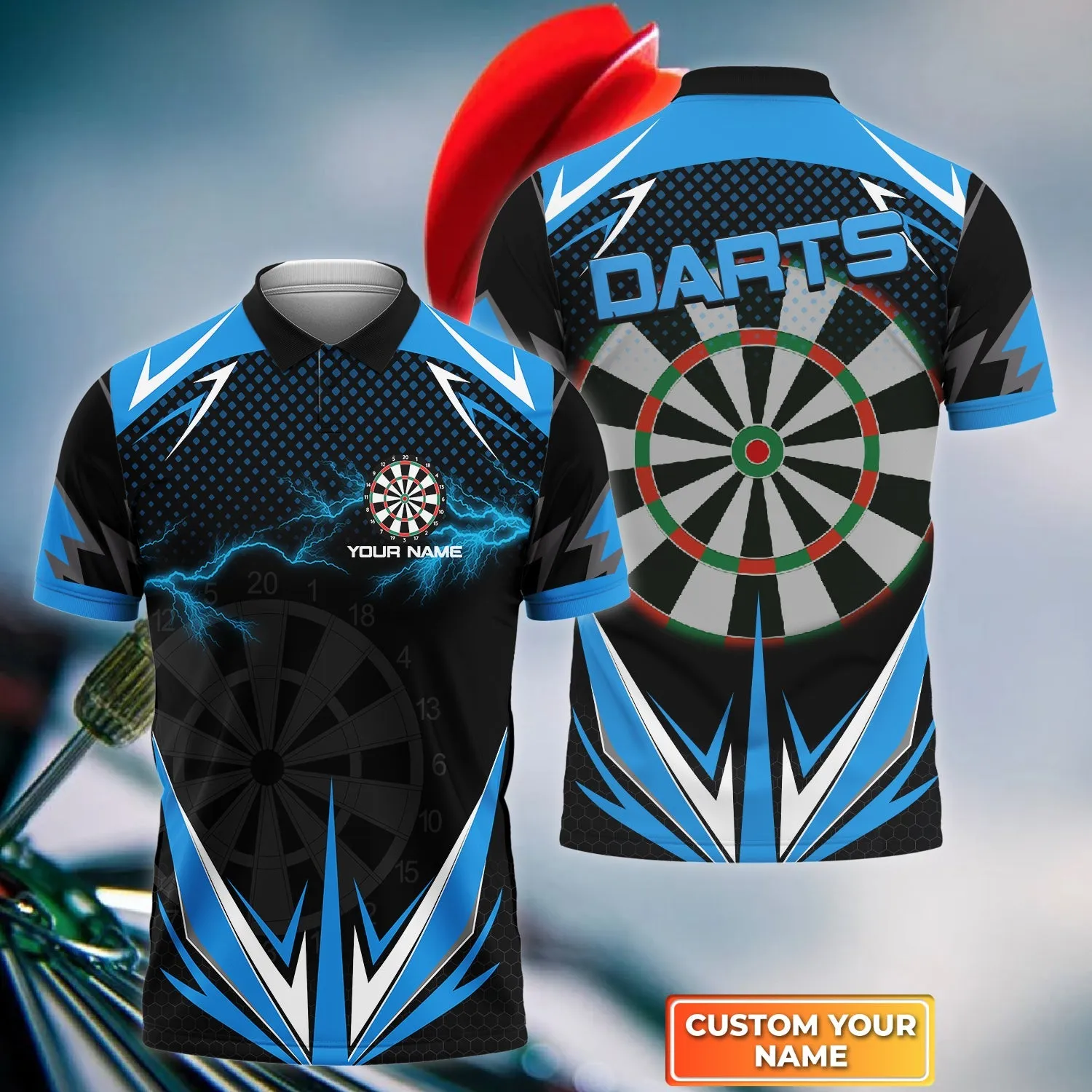 Blue Darts Lightning Personalized Name 3D Polo Shirt For Darts Player Tad, Gift for Dart Players