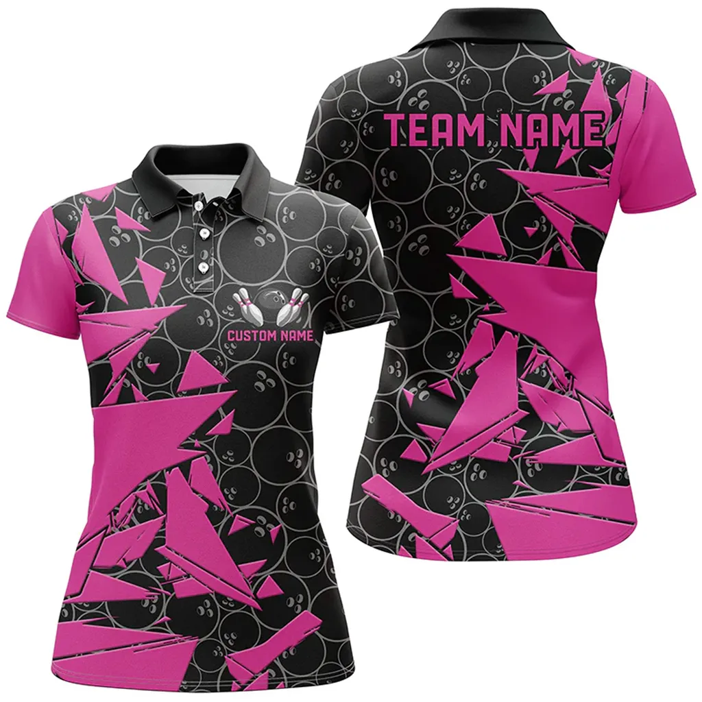 Bowling And Pins Pattern Bowlers Multicolor Option Customized Name 3D Polo Shirt For Women