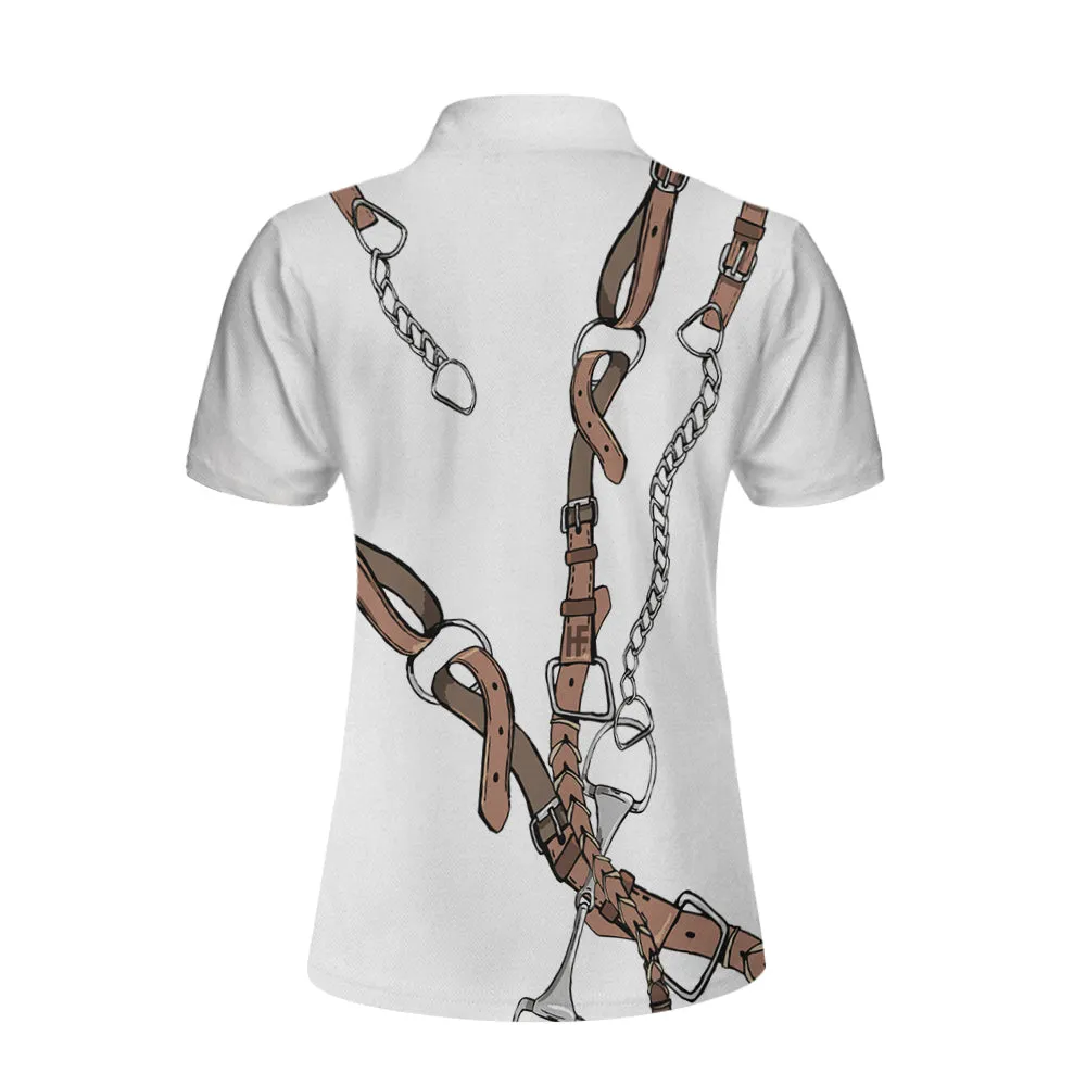 Bridle Print Polo Shirt In White Short Sleeve Women Polo Shirt, Shirt for Horse Lovers