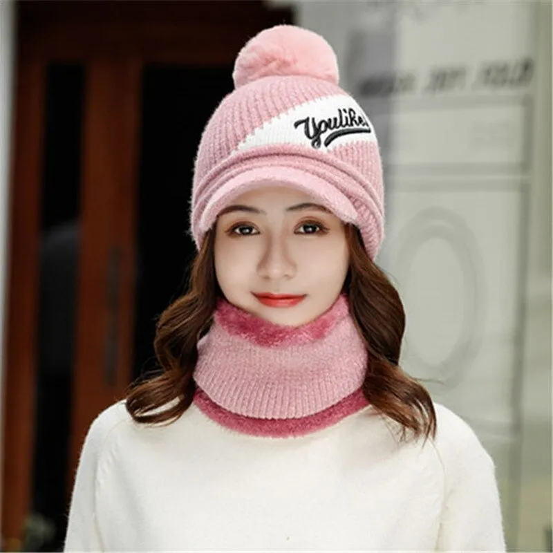 Brim Fashion Plus Velvet Woolen Outdoor Knitted Warm Winter Cap