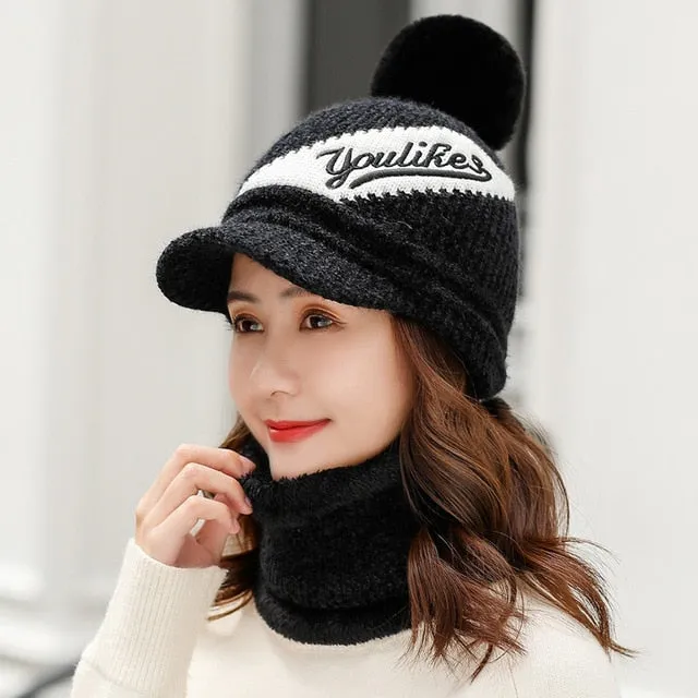 Brim Fashion Plus Velvet Woolen Outdoor Knitted Warm Winter Cap