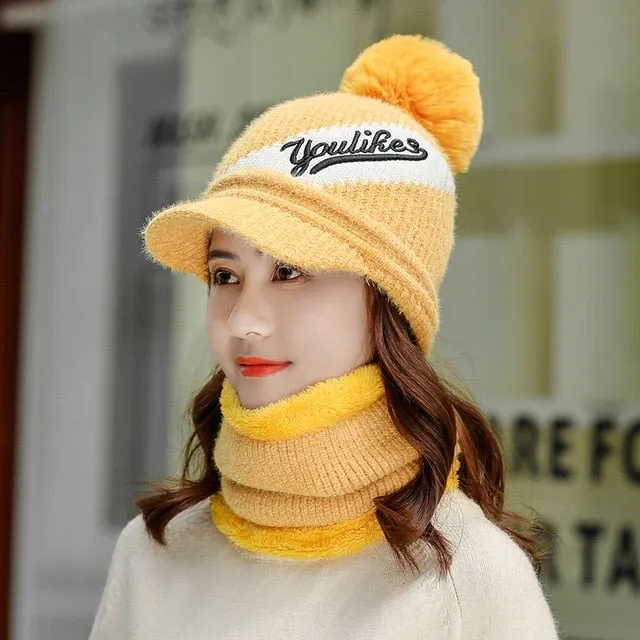 Brim Fashion Plus Velvet Woolen Outdoor Knitted Warm Winter Cap