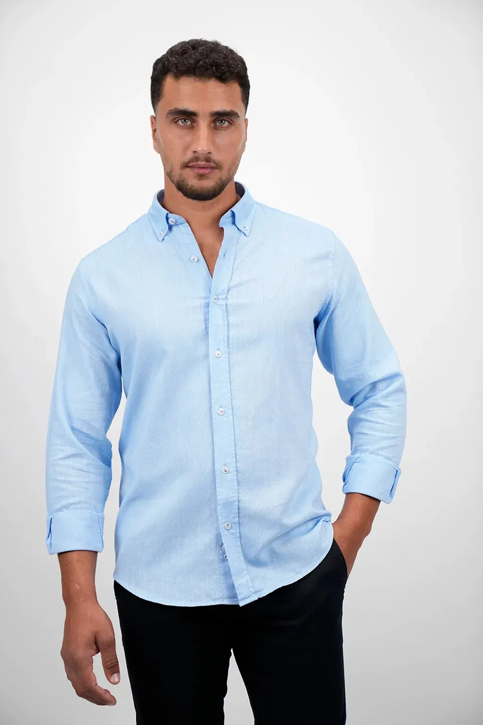 Casual Long Sleeved Blue Buttoned