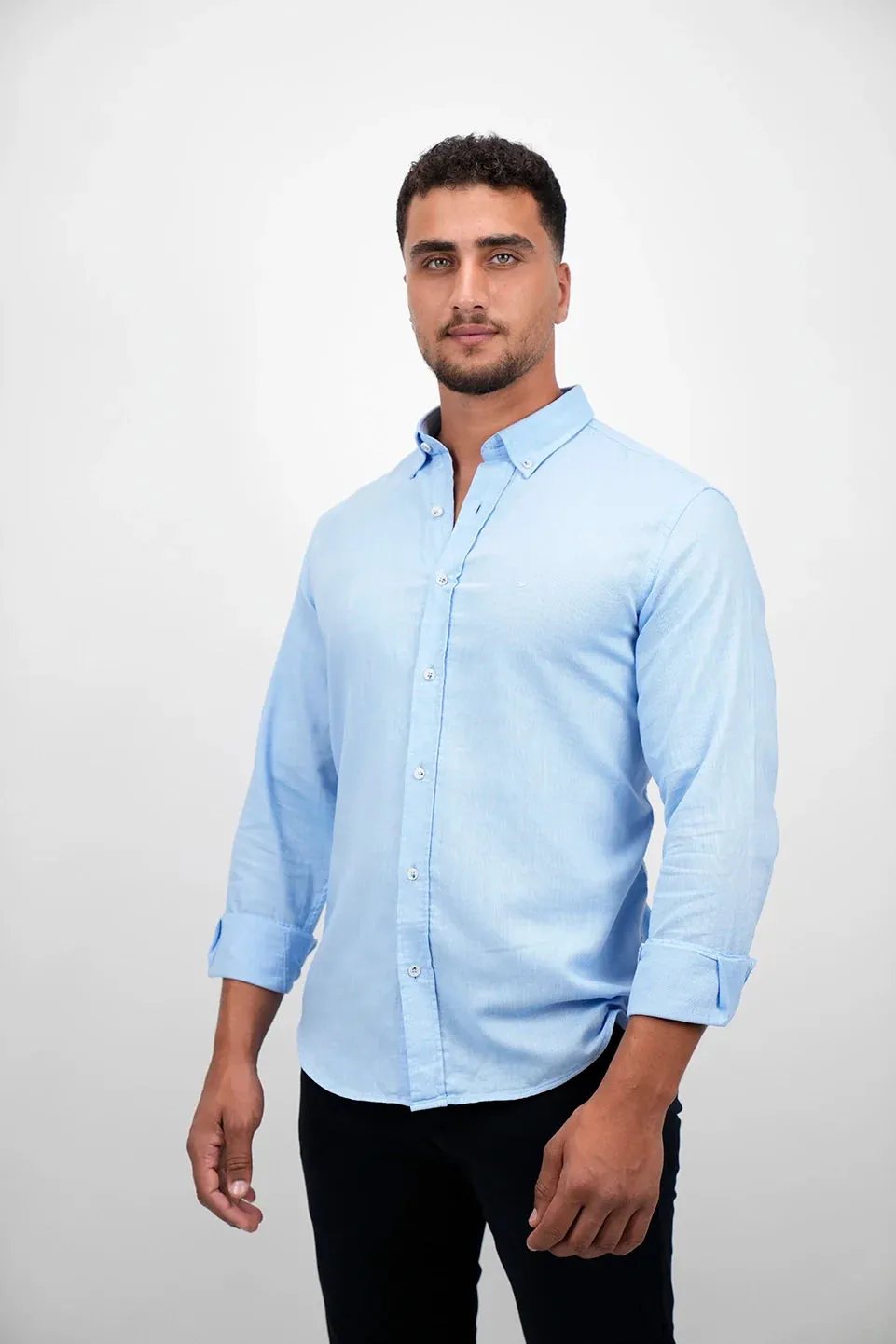 Casual Long Sleeved Blue Buttoned