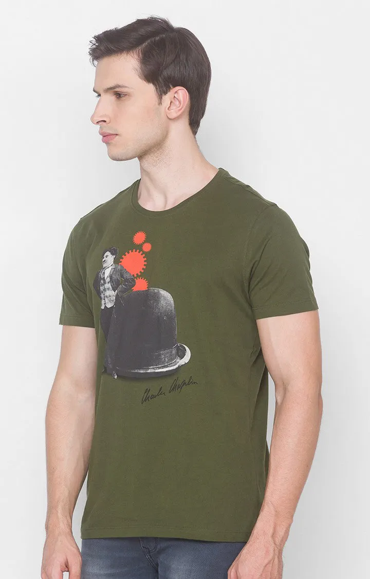 Charlie Chaplin Spykar Men Olive Green Cotton Slim Fit Round Neck Printed T-Shirt