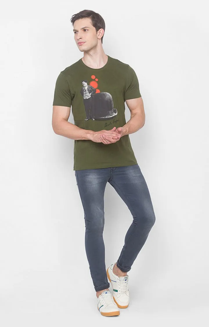 Charlie Chaplin Spykar Men Olive Green Cotton Slim Fit Round Neck Printed T-Shirt