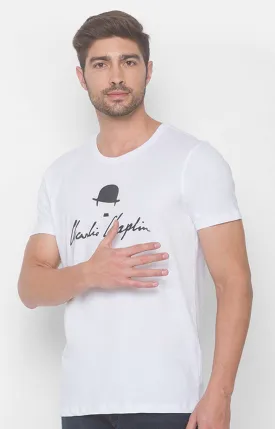 Charlie Chaplin Spykar Men White Cotton Slim Fit Printed Round Neck Tshirt