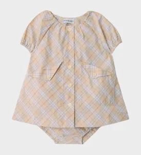 Check Cotton Dress with Bloomers Pale Stone