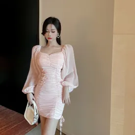 Chiffon Bubble Sleeve Slimming Cinched Waist Dress