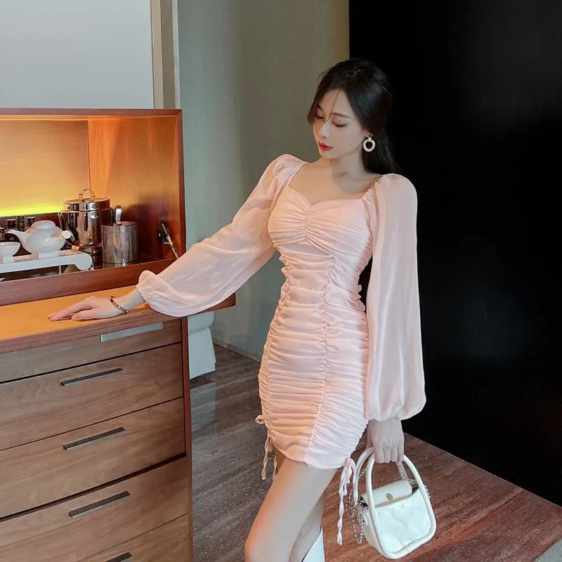 Chiffon Bubble Sleeve Slimming Cinched Waist Dress