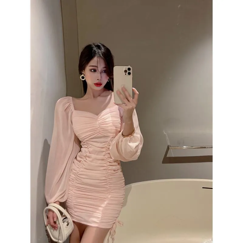 Chiffon Bubble Sleeve Slimming Cinched Waist Dress