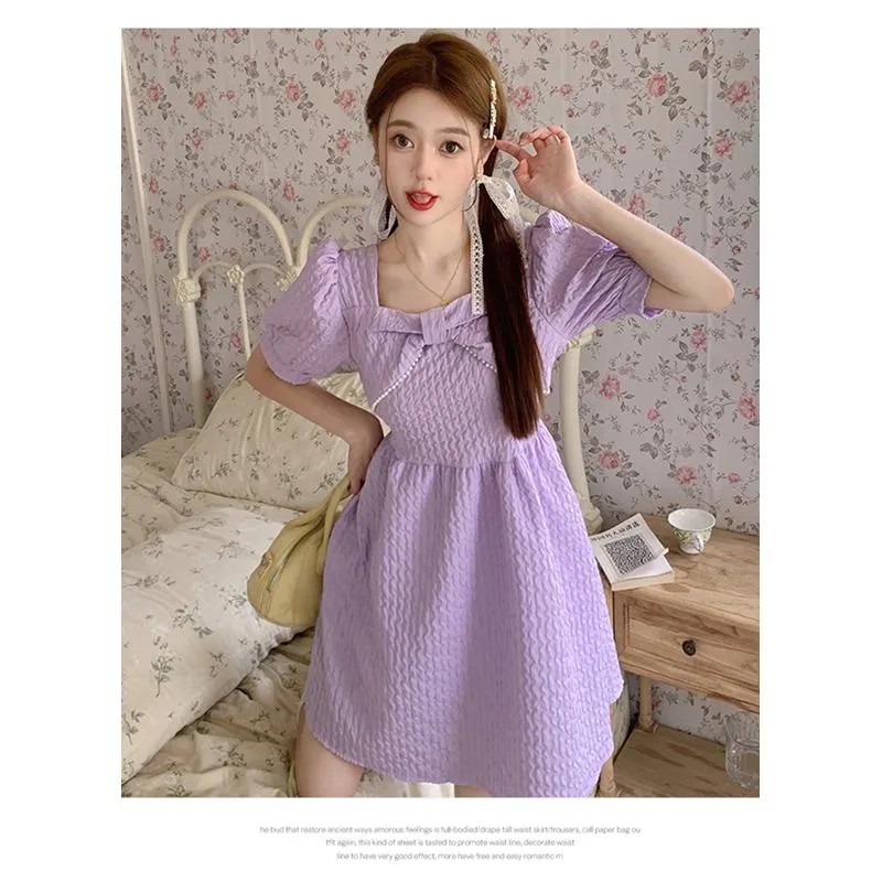 Cinched Waist Pearl Slimming Bow Tie French Style Dress