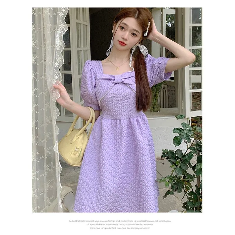 Cinched Waist Pearl Slimming Bow Tie French Style Dress