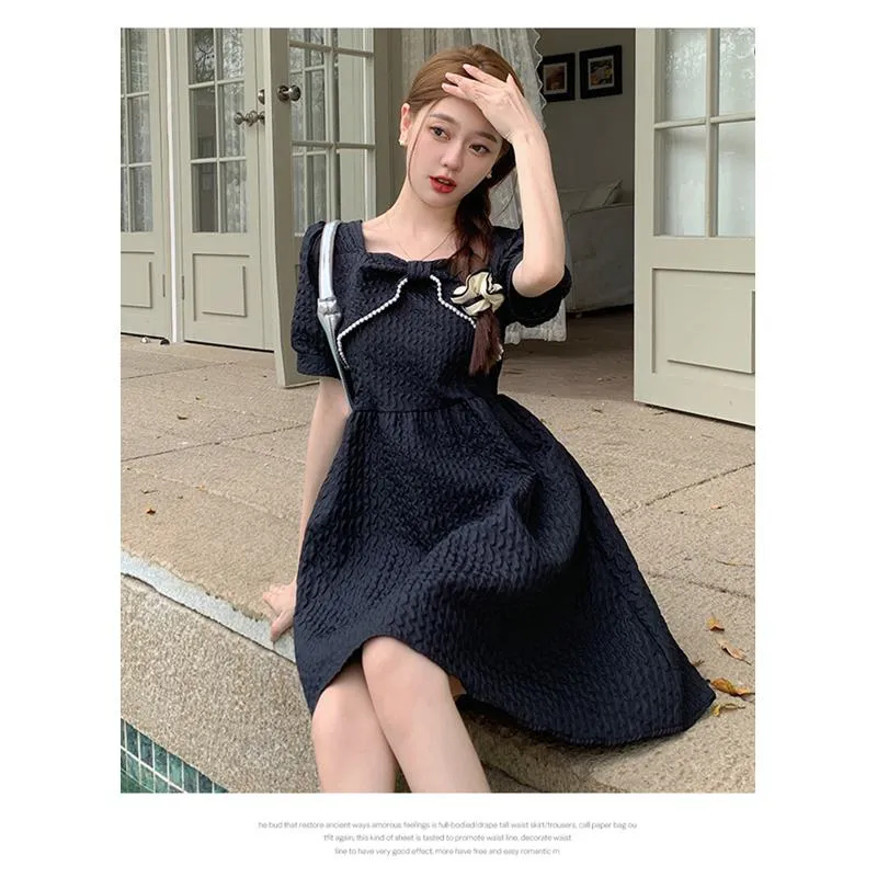 Cinched Waist Pearl Slimming Bow Tie French Style Dress