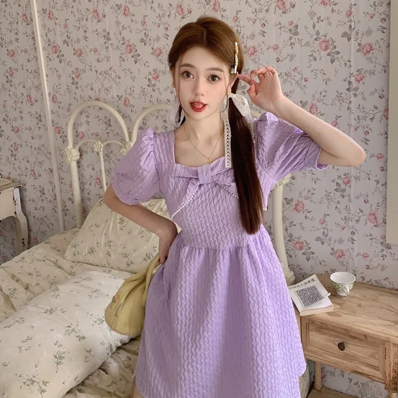 Cinched Waist Pearl Slimming Bow Tie French Style Dress