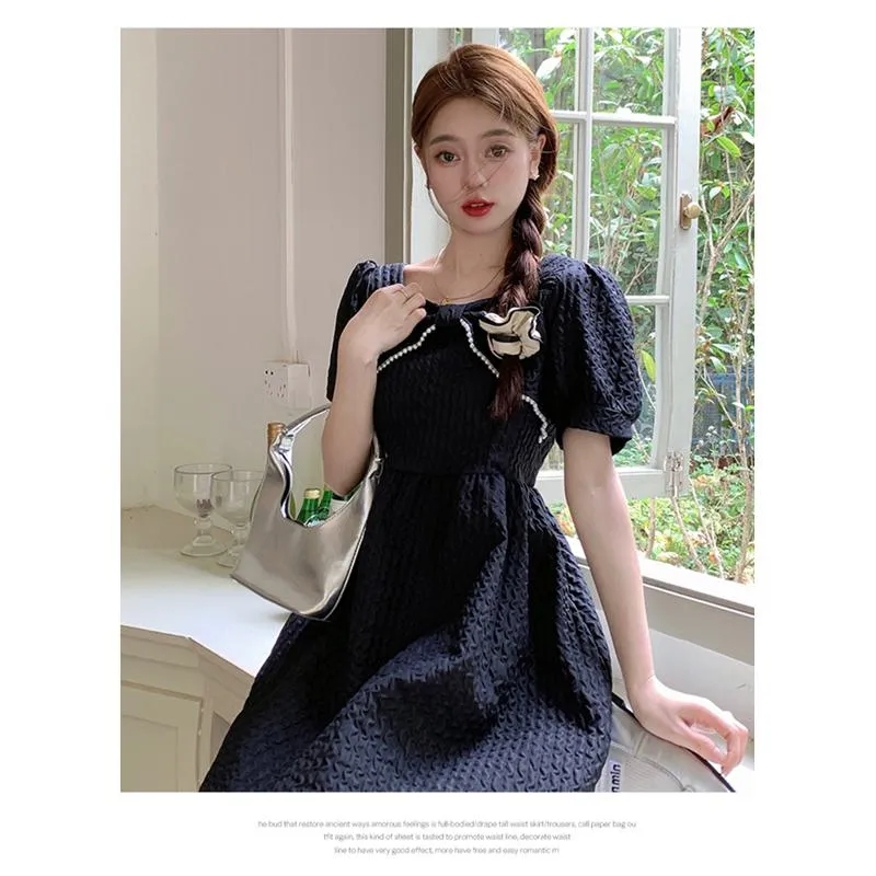 Cinched Waist Pearl Slimming Bow Tie French Style Dress