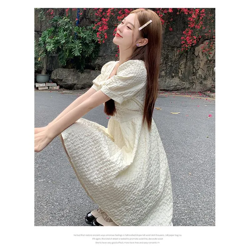 Cinched Waist Pearl Slimming Bow Tie French Style Dress