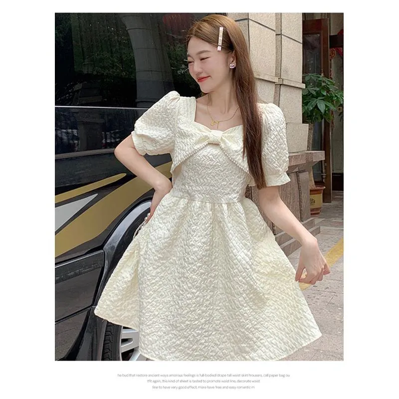 Cinched Waist Pearl Slimming Bow Tie French Style Dress