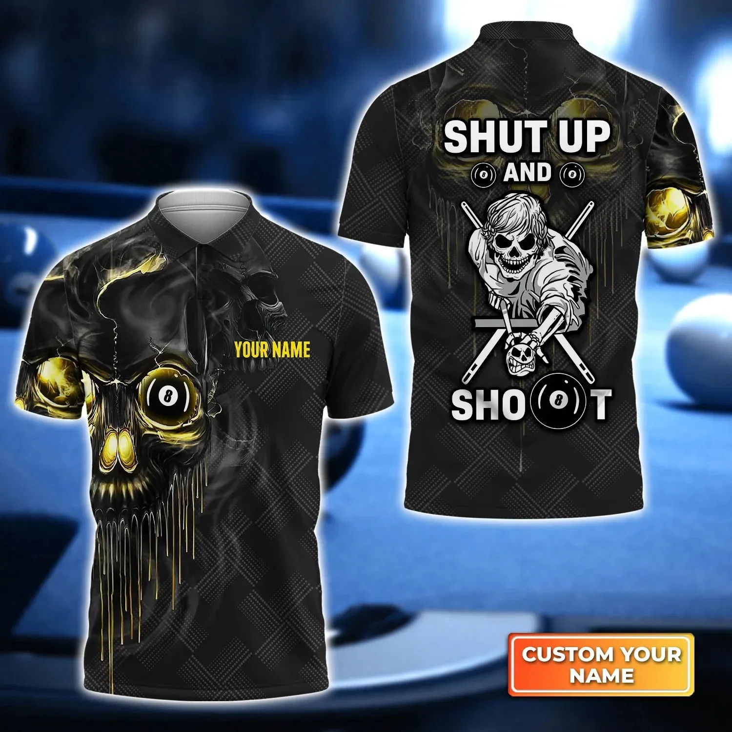 Customized Name Pool Shut Up And Shoot 3D Polo Shirt For Billiard Players, Skull Shirt, Billiard Shirt