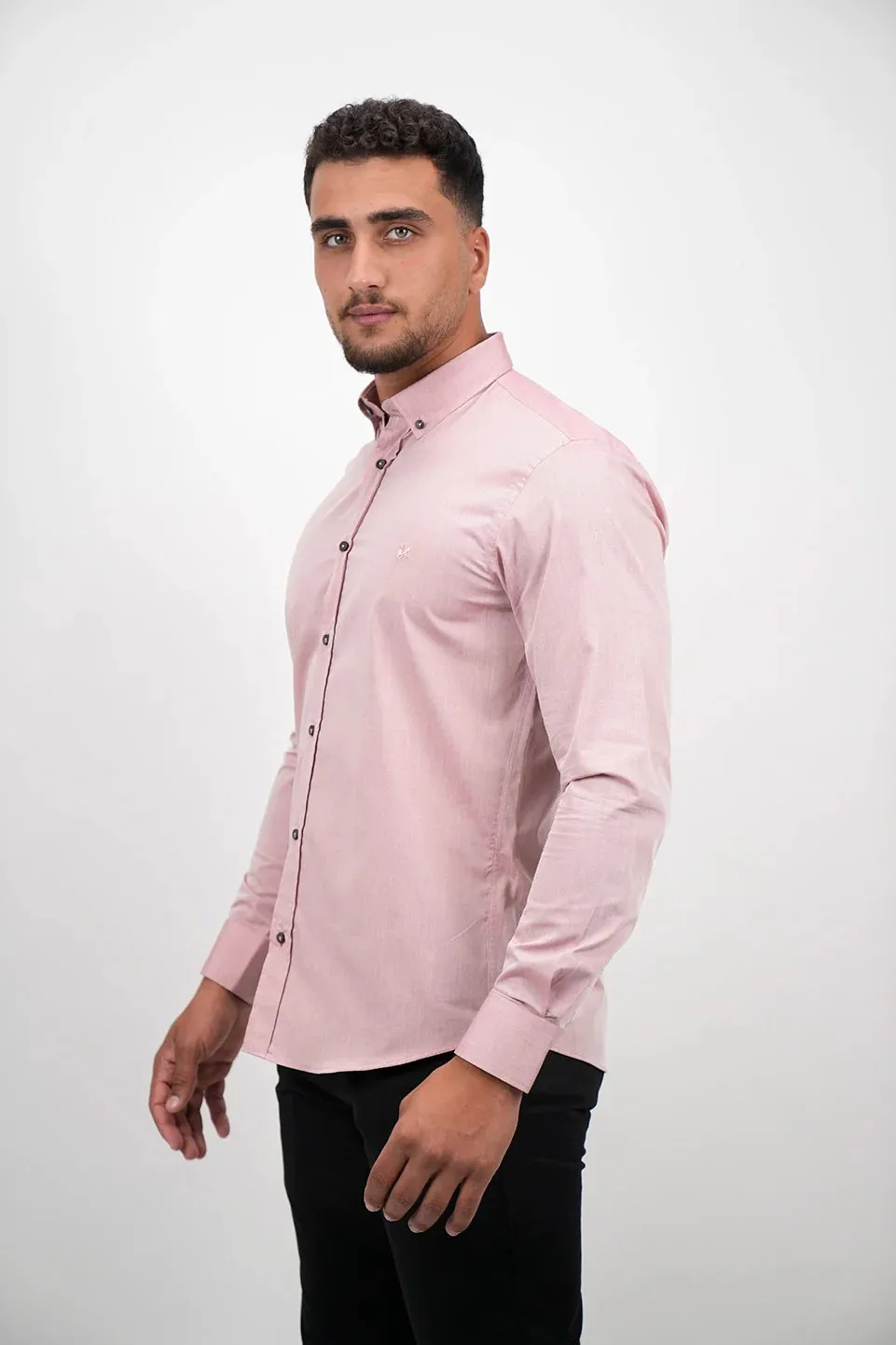 Dark Pink Long Sleeved Shirt With Black Button To Close