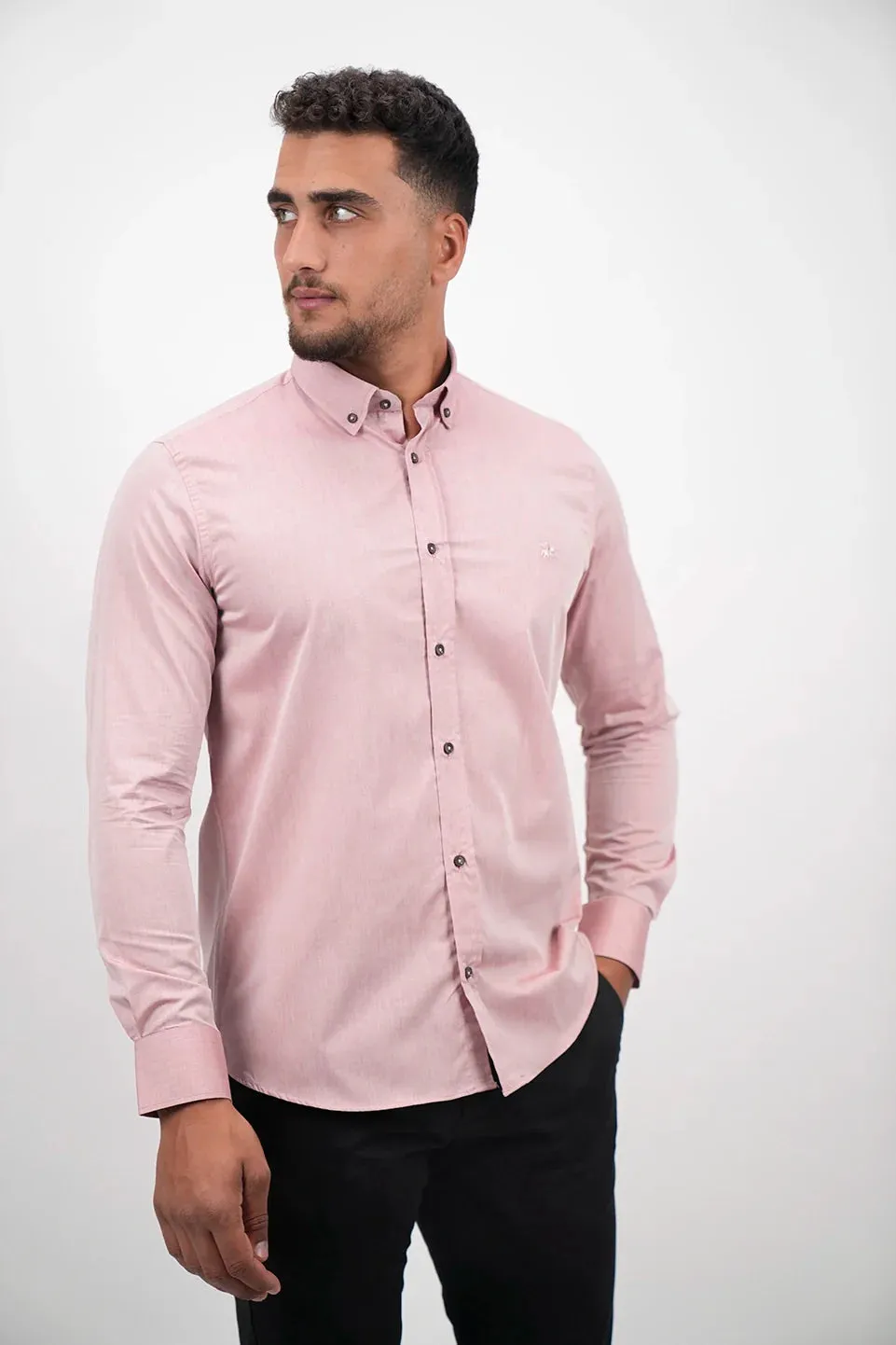 Dark Pink Long Sleeved Shirt With Black Button To Close