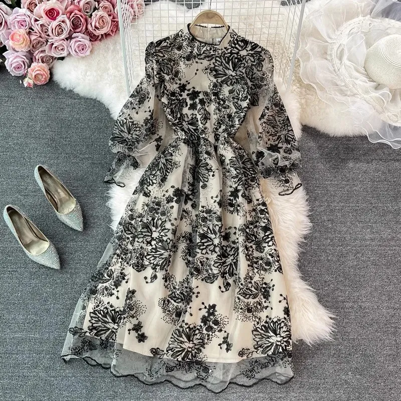 embroidered mesh dress,  lantern sleeves, knee-high A-line skirt      S3886