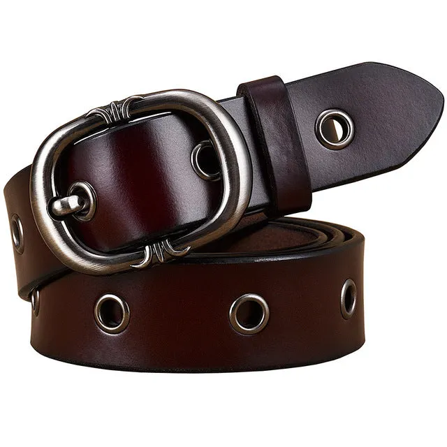 Fashion Metal Hollow Genuine Leather Belts For Women Pin Buckle Belt