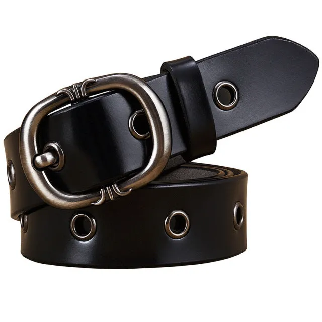 Fashion Metal Hollow Genuine Leather Belts For Women Pin Buckle Belt