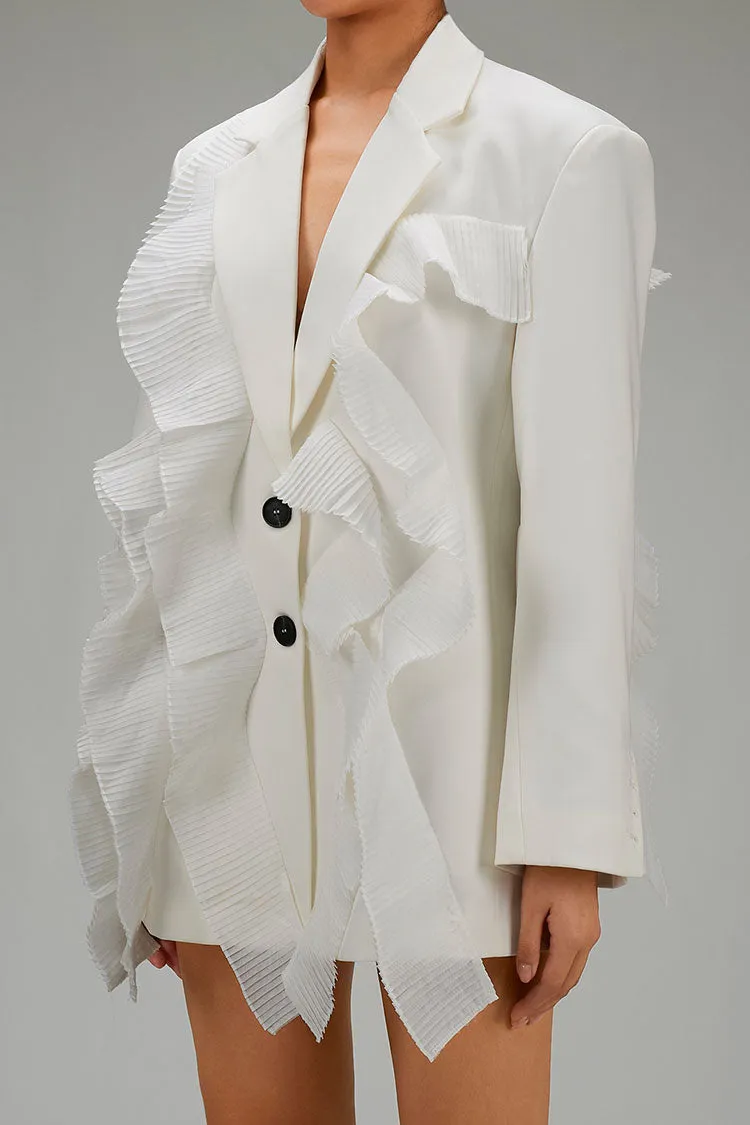 Feminine Pleated Ruffle Lapel Collar Long Sleeve Single Breasted Twill Blazer