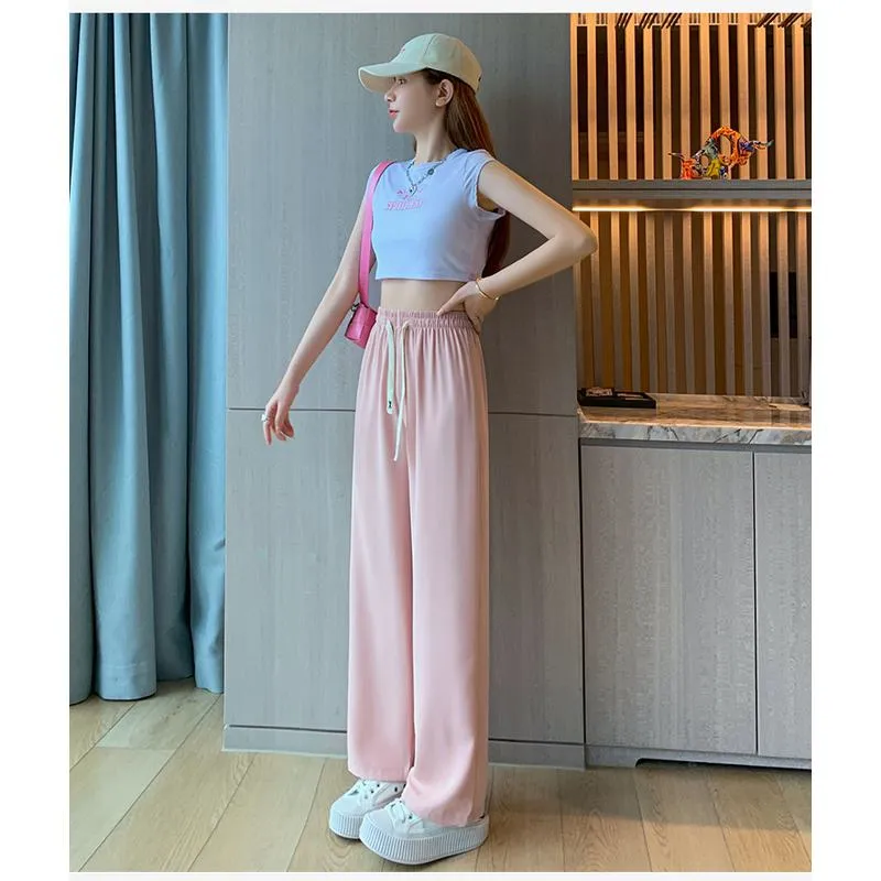 Floor-Length Casual Straight Plus Silky Draping High-Waisted Pants