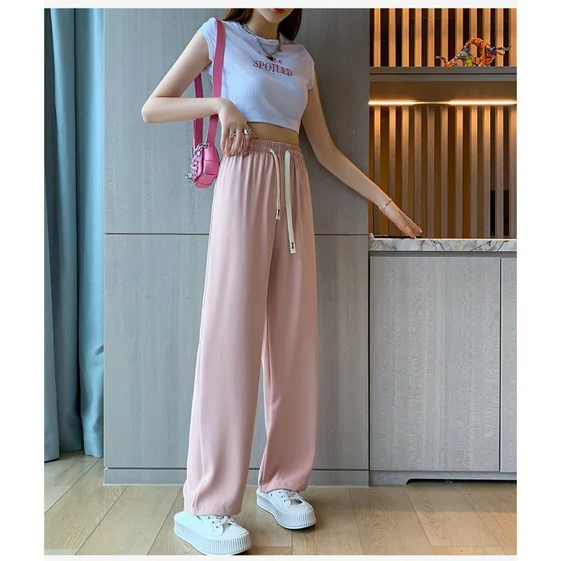 Floor-Length Casual Straight Plus Silky Draping High-Waisted Pants