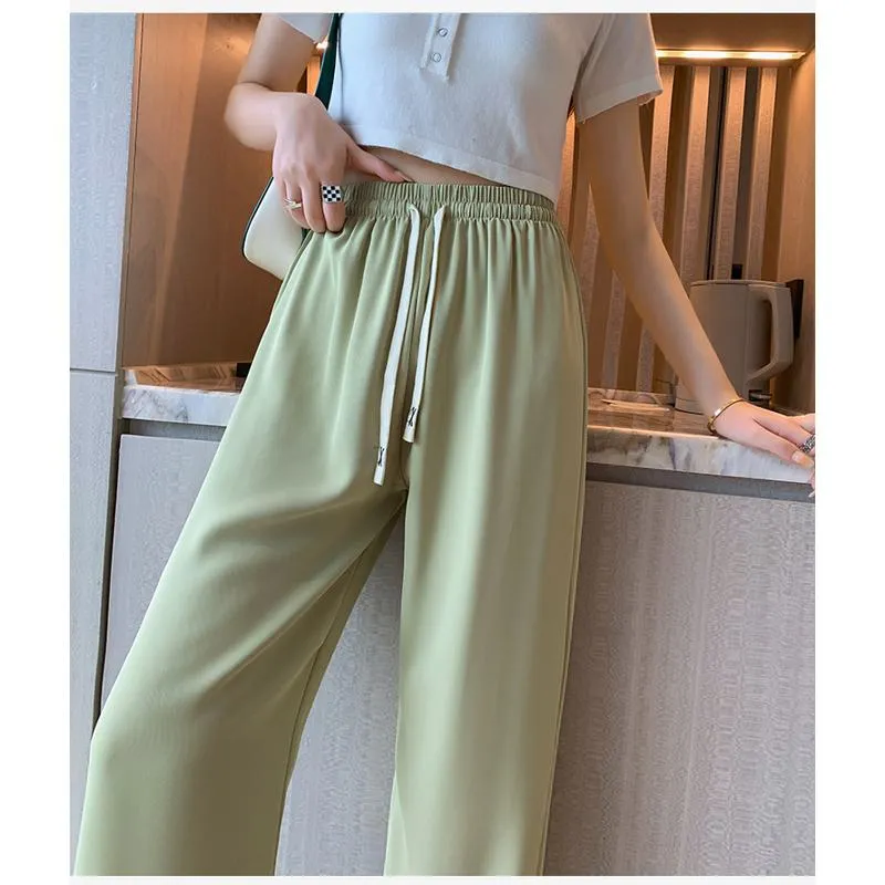 Floor-Length Casual Straight Plus Silky Draping High-Waisted Pants