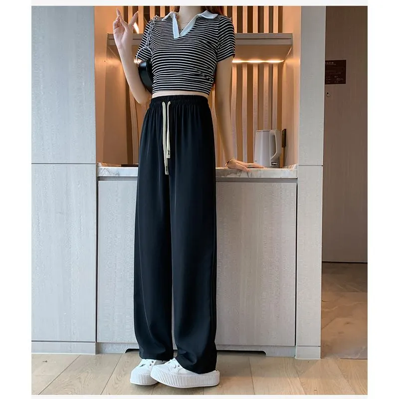 Floor-Length Casual Straight Plus Silky Draping High-Waisted Pants