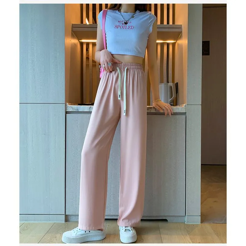 Floor-Length Casual Straight Plus Silky Draping High-Waisted Pants